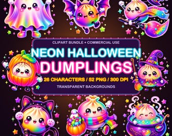Neon Halloween Dumpling PNG, Kawaii Spooky Clipart, 26 Glow Costume Characters, 52 PNG Files, 300 DPI