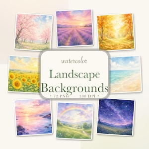 Può includere: Una collezione di otto illustrazioni quadrate di paesaggi ad acquerello con fiori di ciliegio, campi di lavanda, alberi autunnali, girasoli, una spiaggia, un tramonto, un arcobaleno e un cielo stellato, con il testo watercolor Landscape Backgrounds 72 PNG 300 DPI.