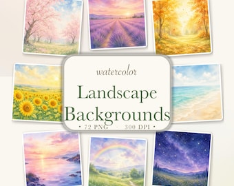 Watercolor Landscape Background Bundle, 72 PNGs for Nursery and Invitations