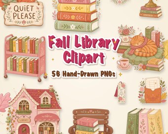 Fall Library Clipart Set, 56 Autumn Bookish PNG Bundle, Cozy Book Lover Clipart, Fall Reading PNG, Cute Book Stack Clipart Digital Download