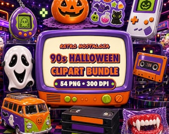 Retro 90s Halloween Clipart Bundle, 48 Spooky PNG Graphics with 6 Backgrounds