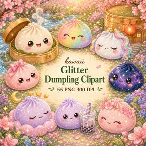 Glitter Dumpling PNG, 55 Kawaii Squishy Designs, Cute Snack Clipart Bundle