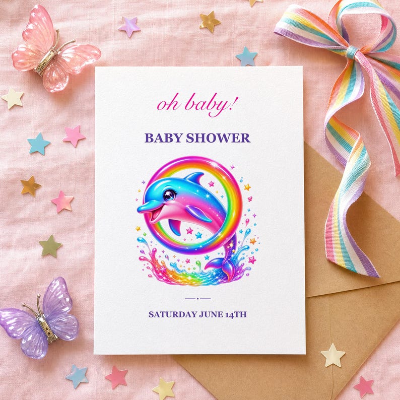 A baby shower invitation with a rainbow dolphin design and text "oh baby! BABY SHOWER SATURDAY JUNE 14TH", on a pink background with a rainbow ribbon and star confetti.