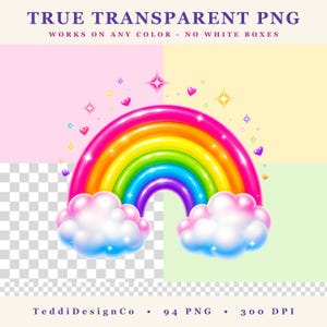 A rainbow with clouds on a transparent background, with text "TRUE TRANSPARENT PNG WORKS ON ANY COLOR - NO WHITE BOXES" and "94 PNG 300 DPI".