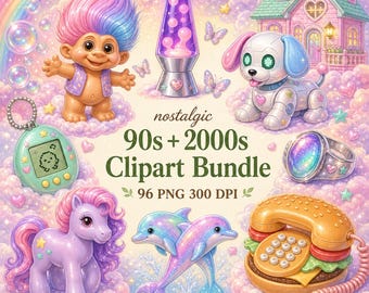 Y2K Graphics & 90s Clipart Bundle, 2000s Digital Stickers with Watercolor Backgrounds