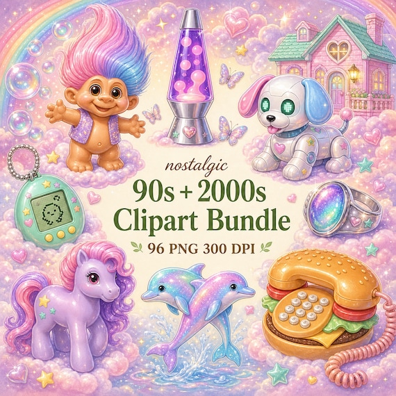 Y2K Graphics & 90s Clipart Bundle, 2000s Digital Stickers with Watercolor Backgrounds