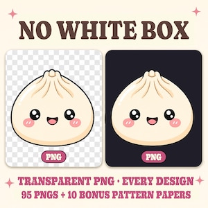 Two identical cartoon illustrations of a smiling dumpling, one on a transparent background and one on a black background, demonstrating the PNG format.