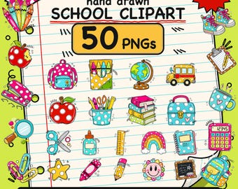50 Hand Drawn School Clipart PNGs, Bright and Colorful Graphics for Teachers