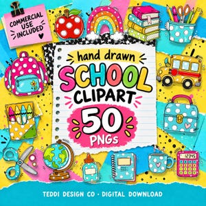 50 handgezeichnete Schul-Cliparts im PNG-Format, farbenfrohe und ansprechende Grafiken für Lehrer
