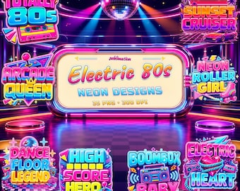 35 Retro 80s PNG Bundle, Neon Sublimation Designs for Shirts and More