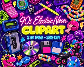 Electric Neon 90s Clipart, 220 PNG Stickers, Kawaii Characters and Patterns, Commercial Use