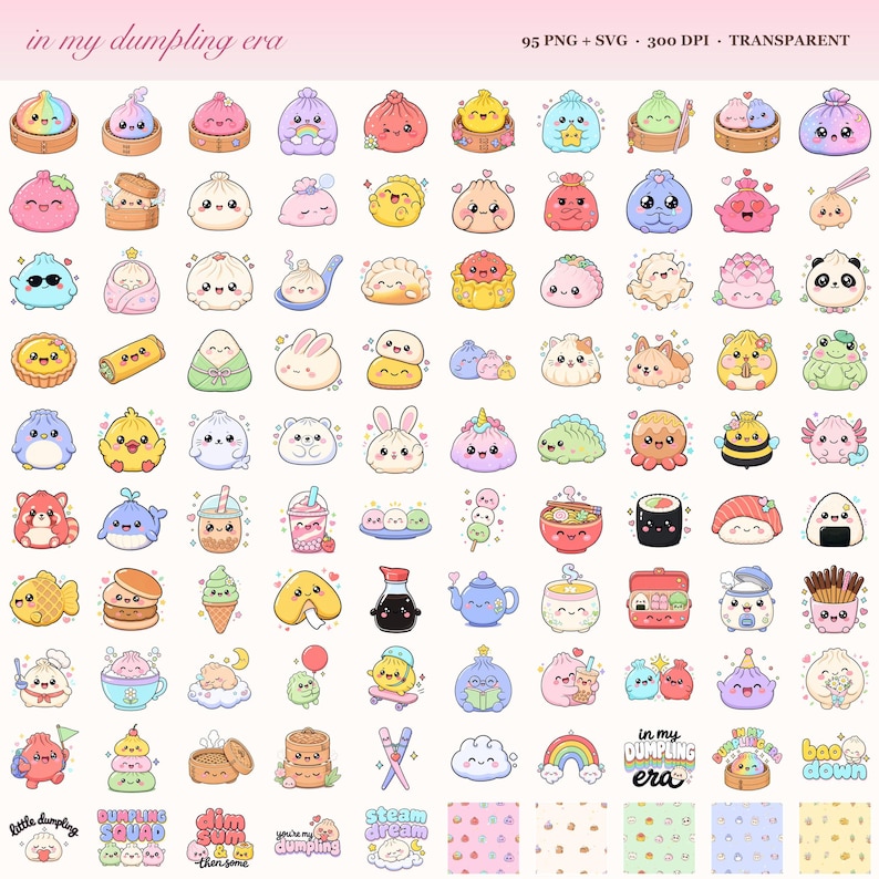 A grid of 95 small, colorful cartoon dumpling characters and food items, with text "in my dumpling era, 95 PNG + SVG - 300 DPI - TRANSPARENT."
