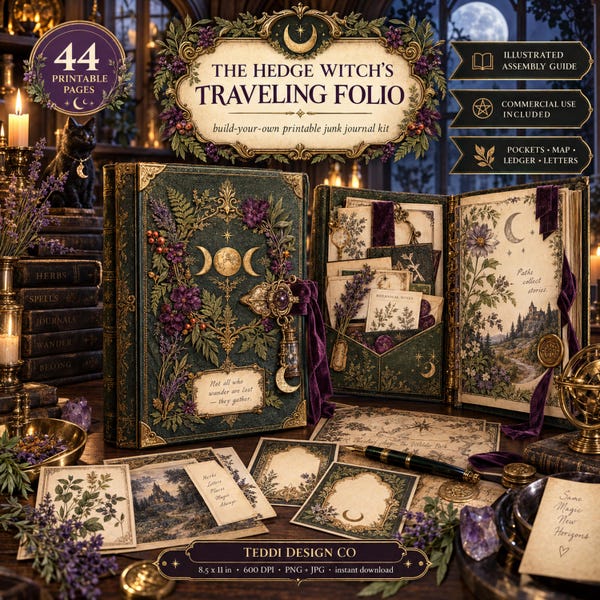 Witch Folio Printable Kit, 44 Page Junk Journal Craft with Pockets, Envelopes, Map & Assembly Guide, Dark Academia Halloween Ephemera