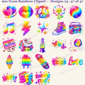 A grid of 23 neon rainbow-colored cartoon designs, including hearts, a boombox, roller skates, and a skateboard, with text "90s Neon Rainbow Clipart - Designs 25-47 of 47".