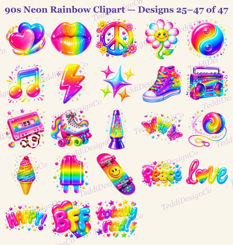 A grid of 23 neon rainbow-colored cartoon designs, including hearts, a boombox, roller skates, and a skateboard, with text "90s Neon Rainbow Clipart - Designs 25-47 of 47".