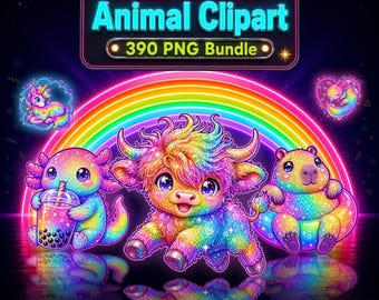 Kawaii Clipart Bundle, 390 Neon Rainbow PNG Files with 65 Animals