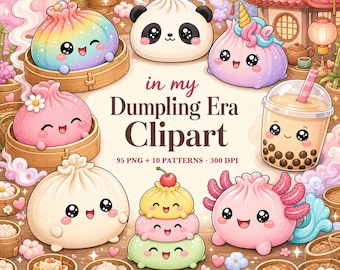 Squishy PNG Bundle, 95 Kawaii Dumpling Clipart, Glitter Squishy Food Designs & Seamless Patterns