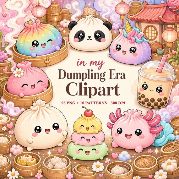 Squishy Clipart Bundle, 95 Kawaii Dumpling PNG, Glitter Squishy Food Designs & Seamless Patterns