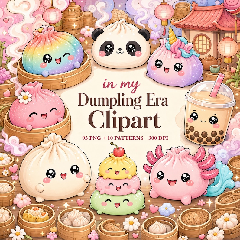 Nine cartoon dumplings with faces, including a rainbow dumpling, a panda, a unicorn, a pink dumpling, a stack of three dumplings, an axolotl, and a boba tea, surrounded by bamboo steamers and Asian architecture, with text "in my Dumpling Era, 95 PNG