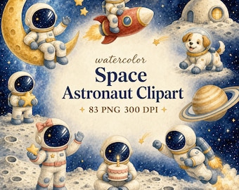 Space Astronaut Clipart, 83 PNG Designs for Kids' Birthday Parties, Watercolor Style
