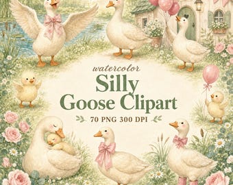 Silly Goose Clipart, 70 Watercolor PNGs with Bonus Seamless Patterns
