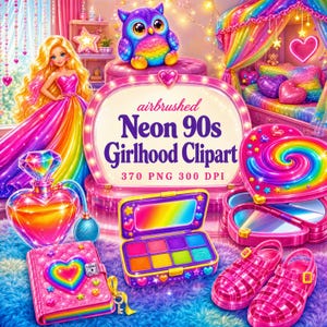 Puede incluir: Un conjunto gráfico digital con una muñeca rubia con vestido arcoíris, un búho colorido, un frasco de perfume en forma de corazón, un diario arcoíris, una paleta de maquillaje y sandalias de gelatina rosa, con el texto airbrushed Neon 90s Girlhood Clipart 370 PNG 300 DPI.