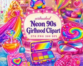 Neon 90s Clipart Bundle, 370 PNG Stickers, Retro Toys Hair Clips Candy, Commercial Use