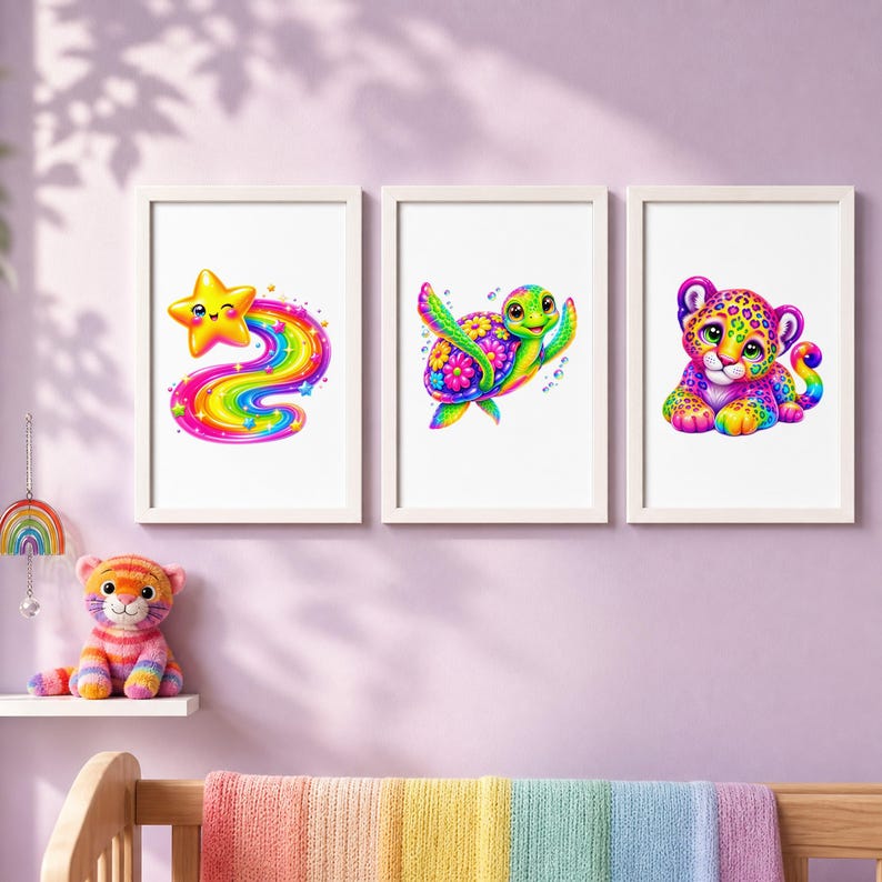 Three framed prints on a purple wall above a crib: a rainbow star, a rainbow turtle, and a rainbow leopard cub.