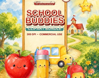 Cute School Clipart Watercolor Bundle, 25 Kawaii Characters for Back to School Classrooms