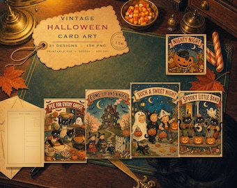 Halloween Postcard PNG Bundle, Vintage 4x6 Printable Cards with Retro Designs