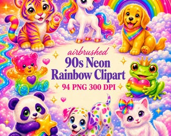 90s Clipart Neon Rainbow Bundle, 94 PNG Y2K Digital Stickers & Seamless Patterns, 300 DPI