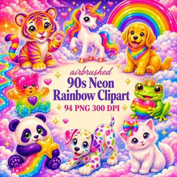 90s Clipart Neon Rainbow Bundle, 94 PNG Y2K Digital Stickers & Seamless Patterns, 300 DPI