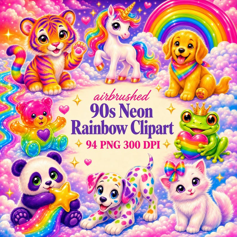 A tiger cub, unicorn, puppy, teddy bear, frog, panda, dalmatian puppy, and kitten are arranged around text that reads "90s airbrushed neon rainbow clipart, 94 PNG 300 DPI".
