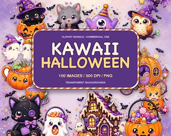 100 Kawaii Halloween Clipart PNG Bundle, Spooky Designs for Stickers & Crafts