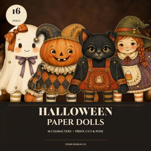 Utskrivbara Halloween-pappersdockor, 16 vintage folkkonstfigurer, rörligt pysselkit