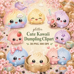 Kawaii Dumpling Clipart Bundle, Glitter PNGs with Seamless Patterns