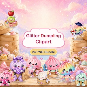 Puede incluir: Una colección digital de 24 imágenes PNG que presenta dumplings antropomórficos con ojos grandes, texturas de purpurina coloridas y varios accesorios como lazos, sombreros y bebidas, sobre un fondo de nubes rosas y moradas con texto.