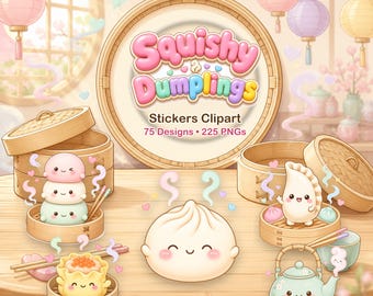 Squishy Dumplings Clipart 75 Kawaii Dim Sum PNG, 225 Pastel Food Sticker Bundle, Cute Bao Planner Stickers, Digital Download