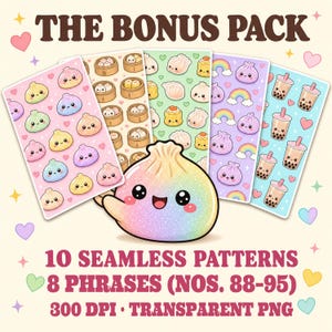 A large, rainbow-colored dumpling with a smiling face is surrounded by five smaller cards featuring various kawaii food illustrations, including dumplings and bubble tea.