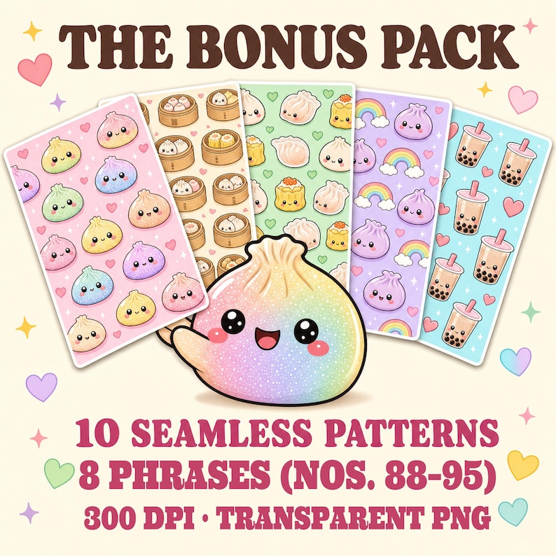 A large, rainbow-colored dumpling with a smiling face is surrounded by five smaller cards featuring various kawaii food illustrations, including dumplings and bubble tea.