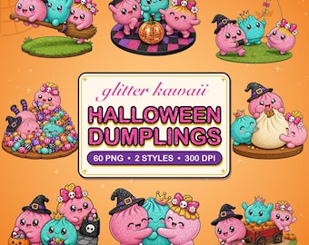 Kawaii Halloween Dumpling Clipart, 60 Glitter PNG Files for Fun Projects