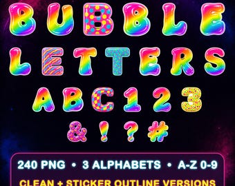 90s Neon Doodle Letters PNG, Bubble Letters Rainbow Alphabet Clipart, 240 Designs, Birthday Letters Sublimation, 300 DPI