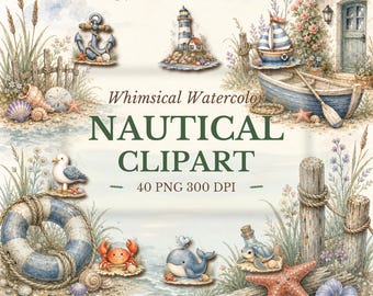 Whimsical Watercolor Nautical Clipart Bundle, Coastal Beach Ocean PNGs (Commercial Use)