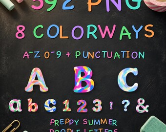 Preppy Alphabet PNG Bundle, 592 Doodle Letters with Full Punctuation in 8 Neon Colorways
