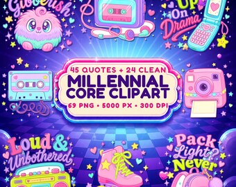 Millennial Clipart Bundle, 69 PNGs with Retro Quotes and Nostalgic Designs