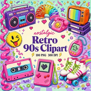 Könnte beinhalten: Eine Sammlung von digitalen Illustrationen im 90er-Jahre-Stil mit einem lila Ghettoblaster, einer Regenbogen-Spirale, einem orangefarbenen Fernseher, einem rosa Telefon, einem verpixelten Smiley, einer rosa Handheld-Konsole, einer Kassette und Rollschuhen.