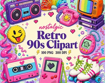 90s Clipart PNG Bundle, 100 Retro Designs & Digital Stickers