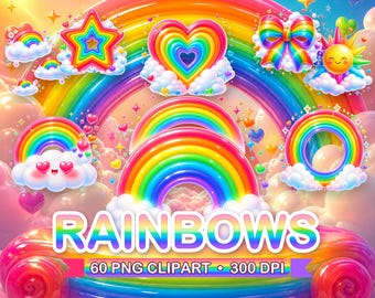 Rainbow Clipart Bundle, 60 PNG Designs with Kawaii Clouds & 300 DPI