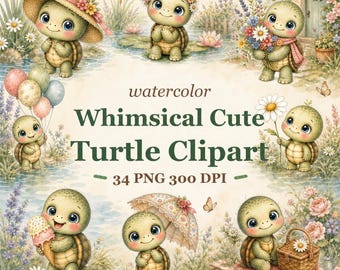 Baby Turtle Clipart, Whimsical Watercolor Designs for Nursery Art (34 PNG)