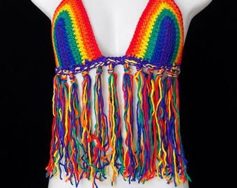 Regenboogbikini met lange franje.